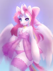 Size: 1280x1707 | Tagged: adorasexy, alicorn, alicorn oc, anthro, anthro oc, arm hooves, artist:meltyvixen, babydoll, bell, bell collar, bow, clothes, collar, crossdressing, curved horn, cute, derpibooru import, digital art, ear fluff, femboy, fluffy, garter, hair ribbon, heart eyes, horn, looking at you, male, nightgown, oc, oc:nekonin, panties, pink, pink underwear, sexy, sleepwear, solo, solo male, spread wings, suggestive, trap, underwear, unofficial characters only, wide hips, wingding eyes, wings