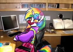 Size: 1008x720 | Tagged: safe, artist:witchtaunter, derpibooru import, lyra heartstrings, pony, unicorn, casual friday, clown, clown makeup, clown nose, clown outfit, computer, meme, multicolored hair, rainbow hair, reaction image, solo