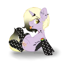 Size: 4584x4091 | Tagged: safe, artist:hellishprogrammer, derpibooru import, dinky hooves, pony, spider, unicorn, icey-verse, clothes, commission, ear piercing, earring, feather, female, goth, heart, horn, horn ring, jewelry, lip piercing, mare, nose piercing, older, older dinky hooves, piercing, raised hoof, ring, skull, snake bites, socks, solo, tattoo, tongue out, wings, ych result