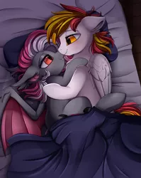 Size: 2855x3587 | Tagged: safe, artist:pridark, derpibooru import, oc, oc:miabat, unnamed oc, unofficial characters only, bat pony, pegasus, pony, bat pony oc, bat wings, bed, bedroom eyes, blushing, commission, cuddling, female, lidded eyes, looking at each other, male, oc x oc, pillow, shipping, smiling, wings