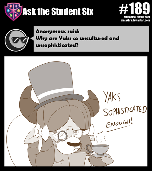 Size: 800x901 | Tagged: artist:sintakhra, derpibooru import, food, hat, hilarious in hindsight, monochrome, monocle, monocle and top hat, safe, solo, sophisticated as hell, tea, top hat, tumblr:studentsix, yak, yona