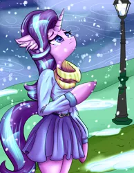 Size: 2250x2900 | Tagged: safe, artist:twoshoesmcgee, derpibooru import, starlight glimmer, anthro, unicorn, arm hooves, clothes, dress, female, lamppost, looking up, scarf, snow, snowfall, solo