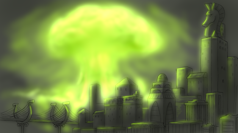 Size: 1920x1080 | Tagged: artist:cyrilunicorn, balefire bomb, bridge, city, cityscape, crystaller building, derpibooru import, explosion, fallout equestria, fanfic, fanfic art, manehattan, megaspell, megaspell explosion, mushroom cloud, no pony, nuclear explosion, safe, scenery