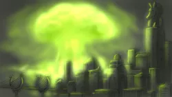 Size: 1920x1080 | Tagged: artist:cyrilunicorn, balefire bomb, bridge, city, cityscape, crystaller building, derpibooru import, explosion, fallout equestria, fanfic, fanfic art, manehattan, megaspell, megaspell explosion, mushroom cloud, no pony, nuclear explosion, safe, scenery