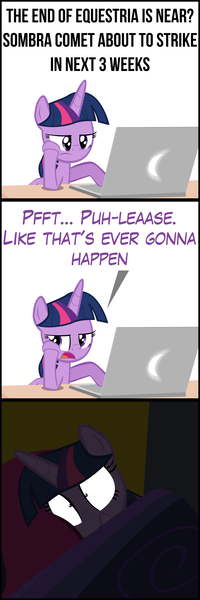 Size: 2000x6000 | Tagged: safe, artist:mrkat7214, derpibooru import, twilight sparkle, twilight sparkle (alicorn), alicorn, pony, comic:twilight vs. computer, bed, bored, comic, computer, end of ponies, hoax, implied king sombra, laptop computer, scared, shrunken pupils, solo, twilight is not amused, unamused