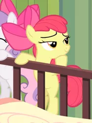 Size: 619x829 | Tagged: safe, derpibooru import, screencap, apple bloom, sweetie belle, earth pony, pony, unicorn, somepony to watch over me, apple bloom's bow, bow, cropped, female, filly, hair bow, hoof on chin, lidded eyes, offscreen character, raised hoof, solo focus