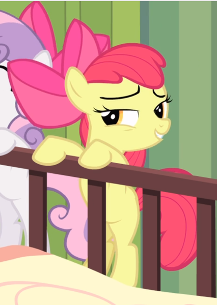 Size: 602x848 | Tagged: safe, derpibooru import, screencap, apple bloom, sweetie belle, earth pony, pony, unicorn, somepony to watch over me, apple bloom's bow, bow, cropped, female, filly, hair bow, lidded eyes, offscreen character, smiling, smirk, solo focus