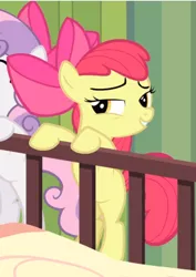 Size: 602x848 | Tagged: safe, derpibooru import, screencap, apple bloom, sweetie belle, earth pony, pony, unicorn, somepony to watch over me, apple bloom's bow, bow, cropped, female, filly, hair bow, lidded eyes, offscreen character, smiling, smirk, solo focus