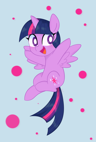 Size: 745x1100 | Tagged: safe, artist:ch-chau, derpibooru import, twilight sparkle, twilight sparkle (alicorn), alicorn, pony, blue background, bubble, chibi, circle, cute, female, flying, mare, open mouth, simple background, smiling, solo, spread wings, twiabetes, white pupils, wings