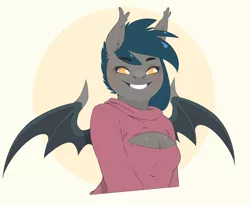 Size: 2405x1985 | Tagged: safe, artist:blah-blah-turner, derpibooru import, oc, oc:speck, unofficial characters only, anthro, bat pony, anthro oc, bat pony oc, bat wings, boob window, breasts, cleavage, female, grin, looking at you, mare, slasher smile, smiling, solo, wings