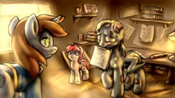 Size: 1920x1080 | Tagged: semi-grimdark, artist:cyrilunicorn, derpibooru import, derpy hooves, oc, oc:littlepip, earth pony, ghoul, pegasus, pony, undead, unicorn, fallout equestria, fanfic, absolutely everything, bandage, bandaid, book, clipboard, clothes, cutie mark, fanfic art, female, filly, foal, hooves, horn, mare, medkit, mouth hold, raised hoof, vault suit, wings