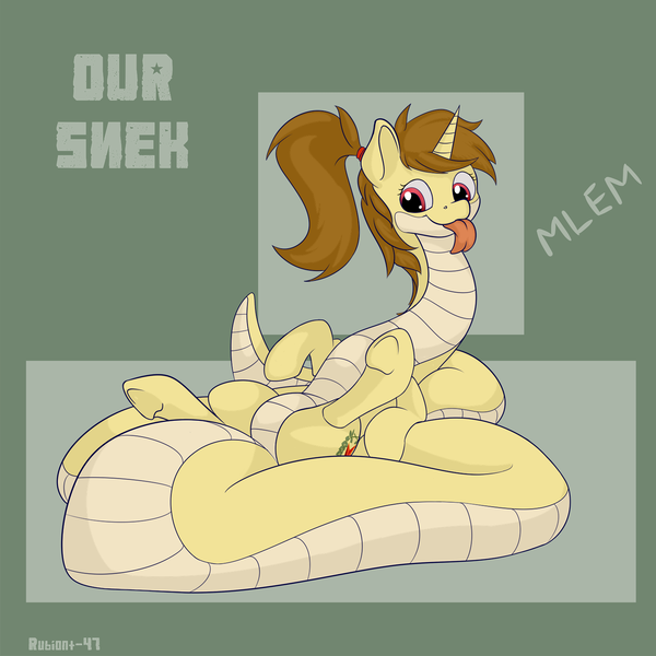 Size: 1500x1500 | Tagged: safe, artist:rubiont, derpibooru import, oc, oc:katya ironstead, unofficial characters only, alicorn, original species, pony, snake, snake pony, alicorn oc, big tail, communism, fat tail, horn, long neck, lying down, mlem, our, silly, soviet, tail, tongue out, wings