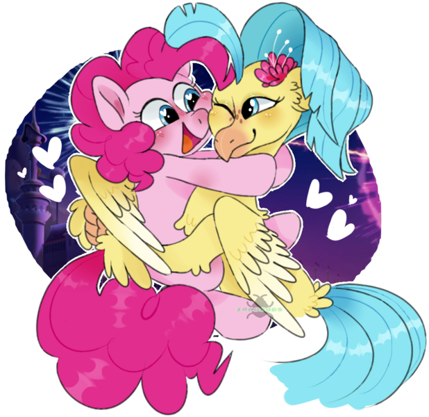 Size: 1035x1005 | Tagged: safe, artist:incubugs, derpibooru import, pinkie pie, princess skystar, earth pony, hippogriff, pony, my little pony: the movie, beak, blushing, cute, digital art, female, freckles, friendship, happy, heart eyes, hug, looking at each other, mare, open mouth, simple background, smiling, transparent background, wingding eyes, wings