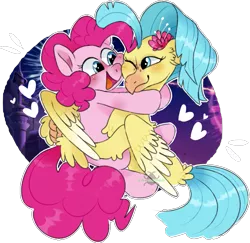 Size: 1035x1005 | Tagged: safe, artist:incubugs, derpibooru import, pinkie pie, princess skystar, earth pony, hippogriff, pony, my little pony: the movie, beak, blushing, cute, digital art, female, freckles, friendship, happy, heart eyes, hug, looking at each other, mare, open mouth, simple background, smiling, transparent background, wingding eyes, wings