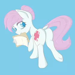 Size: 3000x3000 | Tagged: safe, artist:billysan727, derpibooru import, nurse redheart, earth pony, pony, adoredheart, blue background, butt, colored pupils, cute, dock, eye clipping through hair, female, heartabetes, looking back, mare, mouth hold, plot, simple background, solo