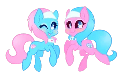 Size: 755x483 | Tagged: safe, artist:purrling, derpibooru import, aloe, lotus blossom, earth pony, pony, blushing, cute, duo, female, mare, one eye closed, open mouth, simple background, spa twins, spaww twins, transparent background, wink