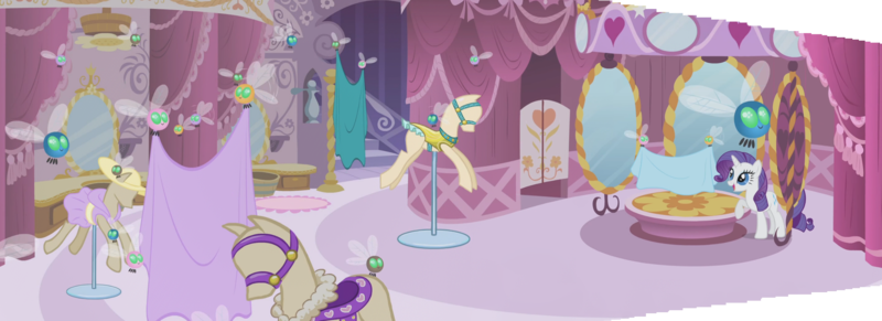 Size: 3348x1219 | Tagged: safe, composite screencap, derpibooru import, edit, edited screencap, screencap, rarity, parasprite, pony, unicorn, swarm of the century, carousel boutique, clothes, dress, fabric, female, hat, mannequin, mare, mirror, panorama, ponyquin