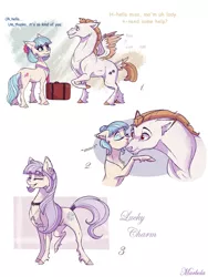 Size: 3000x4000 | Tagged: safe, artist:marbola, derpibooru import, bulk biceps, coco pommel, oc, oc:lucky charm, earth pony, pegasus, pony, cocobulk, crack shipping, dialogue, female, kiss on the cheek, kissing, male, mare, onomatopoeia, parent:bulk biceps, parent:coco pommel, parents:cocobulk, shipping, stallion, straight, unshorn fetlocks