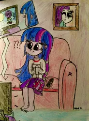 Size: 2403x3264 | Tagged: safe, artist:michaelmaddox222, deleted from derpibooru, derpibooru import, rarity, twilight sparkle, human, equestria girls, barefoot, blimp, bondage, cable, canterlot, carpet, castle, clothes, cloud, colored, couch, cushion, feet, female, implied lesbian, implied rarilight, implied shipping, intro, meta, my little pony, offscreen character, one eye closed, opening, pencil drawing, picture frame, pov, question mark, remote, signature, skirt, solo, straitjacket, sun, television, traditional art, wink