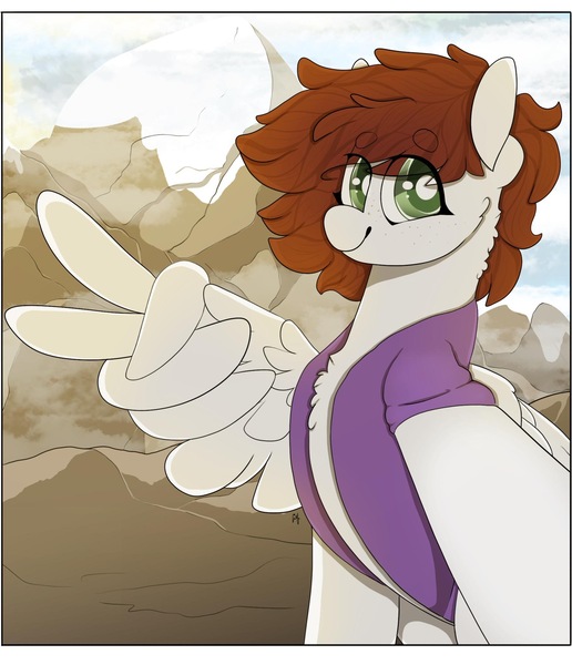 Size: 1761x2048 | Tagged: safe, artist:liefsong, derpibooru import, oc, oc:graph travel, unofficial characters only, pegasus, pony, clothes, exploring, female, freckles, looking at you, mare, mountain, peace sign, selfie, solo, vest, wing hands, wings