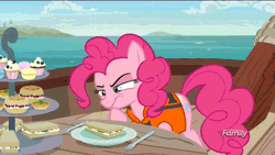 Size: 980x551 | Tagged: safe, derpibooru import, screencap, pinkie pie, earth pony, pony, ppov, animated, cucumber sandwiches, curious, cute, diapinkes, discovery family logo, female, food, gif, lifejacket, macaron, mare, pondering, raised eyebrow, raised hoof, sandwich, solo