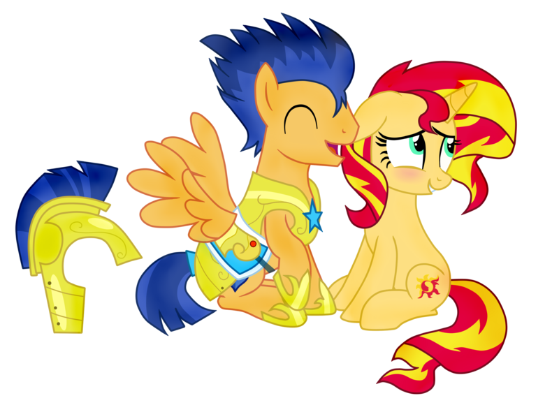 Size: 2400x1800 | Tagged: dead source, safe, artist:smallbluetiger, derpibooru import, flash sentry, sunset shimmer, pegasus, pony, unicorn, armor, blushing, cute, diasentres, female, flashimmer, floppy ears, helmet, hoof shoes, male, open mouth, shimmerbetes, shipping, simple background, sitting, straight, transparent background