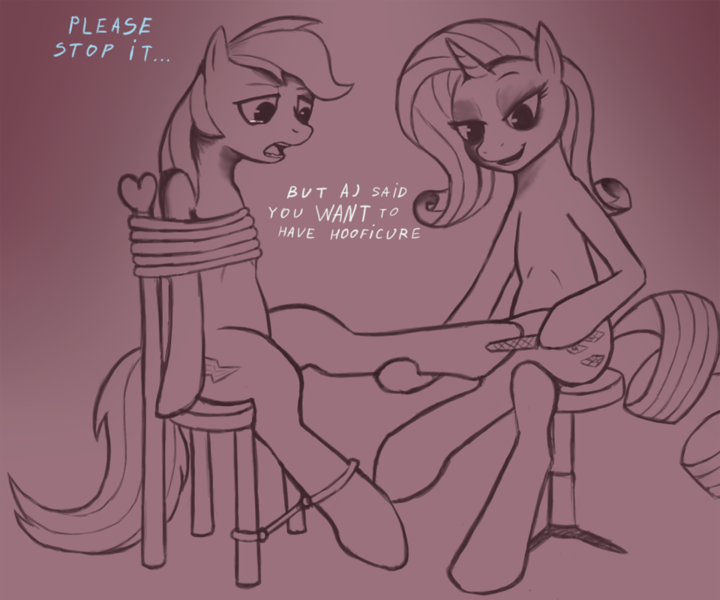 Size: 960x800 | Tagged: safe, artist:sigmatura, derpibooru import, rainbow dash, rarity, pegasus, pony, unicorn, abuse, bondage, chair, crying, dashabuse, dialogue, female, forced, hooficure, monochrome, pure unfiltered evil, sitting, smiling, tied to chair, tied up