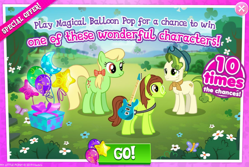 Size: 1029x689 | Tagged: safe, derpibooru import, official, apple munchies, pistachio, strawberry fields, ponified, earth pony, pony, advertisement, apple family member, balloon, electric guitar, female, gameloft, green, guitar, holiday, john lennon, male, mare, musical instrument, present, saint patrick's day, stallion