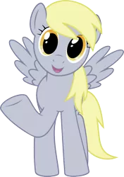 Size: 616x875 | Tagged: safe, artist:crimsonlynx97, derpibooru import, derpy hooves, pegasus, pony, cute, derpabetes, female, looking at you, mare, one hoof raised, open mouth, simple background, smiling, solo, transparent background, wings