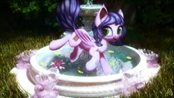 Size: 4000x2250 | Tagged: safe, artist:muggod, derpibooru import, oc, oc:midnight reverie, unofficial characters only, bat pony, pony, fountain, grass, happy, jumping, looking at you, smiling, solo, water, wings