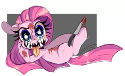 Size: 1024x626 | Tagged: grimdark, artist:peachesandcreamated, derpibooru import, pinkie pie, pony, armpits, blood, knife, pinkamena diane pie, sharp teeth, solo, teeth, wingding eyes