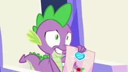 Size: 1280x720 | Tagged: awkward smile, derpibooru import, dragon, embarrassed, male, poster, safe, screencap, season 6, spike, tail, the crystalling