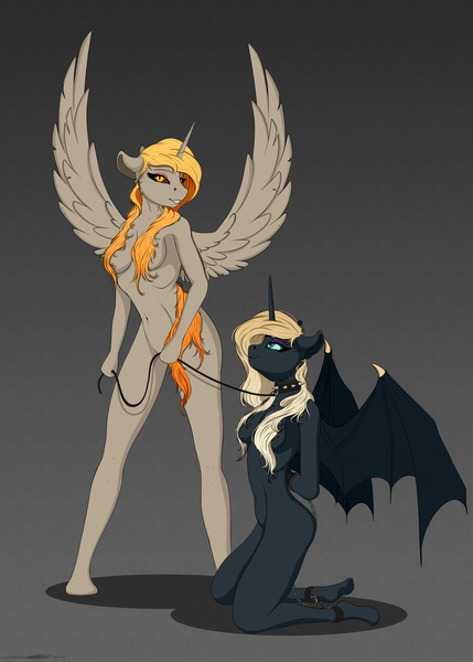 Size: 2500x3500 | Tagged: suggestive, artist:skitsniga, derpibooru import, daybreaker, nightmare moon, alicorn, anthro, bat pony, bat pony alicorn, unguligrade anthro, arm behind back, bat wings, bondage, breasts, chained, collar, complete nudity, evil princest, eyeshadow, female, floppy ears, full body, horn, incest, kneeling, leash, lesbian, makeup, mare, nudity, pet play, shipping, siblings, sisters, slit eyes, slit pupils, spiked collar, wings