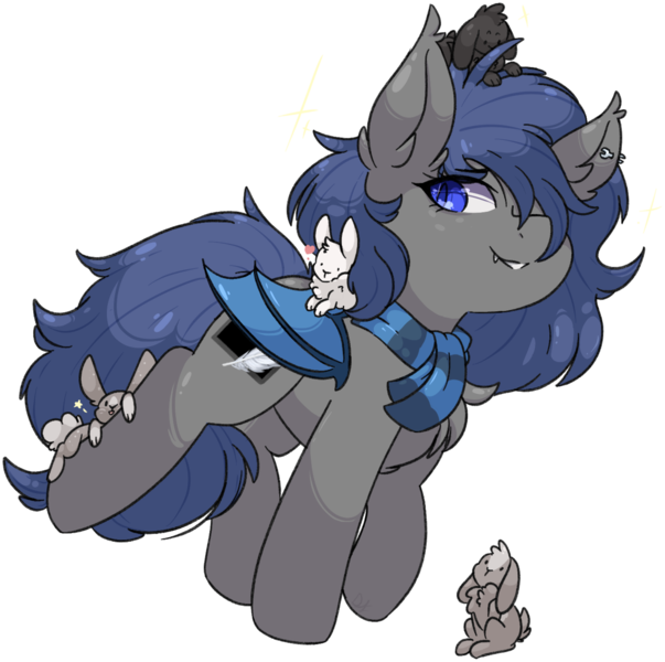 Size: 2746x2732 | Tagged: safe, artist:drawtheuniverse, derpibooru import, oc, oc:midnight feathers, bat pony, pony, rabbit, animal, clothes, fangs, female, mare, scarf