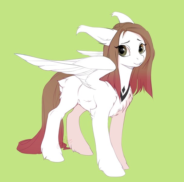 Size: 1293x1280 | Tagged: safe, artist:kerydarling, derpibooru import, oc, unofficial characters only, pegasus, pony, butt fluff, chest fluff, cute, ear fluff, ear tufts, fangs, female, floppy ears, fluffy, green background, grin, hoof fluff, leg fluff, long ears, long tail, looking at you, mare, ocbetes, shoulder fluff, simple background, smiling, solo, spread wings, unshorn fetlocks, wing fluff, wings