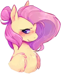 Size: 706x859 | Tagged: safe, artist:uberstress, derpibooru import, fluttershy, pegasus, pony, alternate hairstyle, blushing, bust, chest fluff, cute, female, fluffy, hair bun, looking away, looking sideways, mare, portrait, shyabetes, simple background, smiling, solo, three quarter view, transparent background