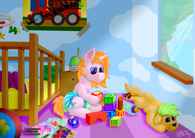 Size: 2500x1767 | Tagged: questionable, alternate version, artist:wittleskaj, derpibooru import, oc, oc:darcy, oc:starry drop, dog, pony, unicorn, age regression, baby, baby bottle, baby pony, blocks, crayon drawing, crib, crib mobile, diaper, diaper fetish, female, fetish, filly, foal, foal bottle, nursery, pacifier, pissing, playing, plushie, poofy diaper, traditional art, urine, watersports, wet diaper, wetting, window