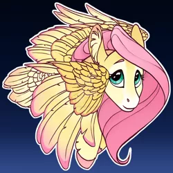 Size: 1280x1280 | Tagged: safe, artist:turnipberry, deleted from derpibooru, derpibooru import, fluttershy, pegasus, pony, seraph, alternate design, bust, colored hooves, colored wings, colored wingtips, cute, deviantart watermark, ear fluff, female, gradient background, looking at you, looking up, mare, multiple wings, obtrusive watermark, outline, shyabetes, smiling, solo, spread wings, two toned wings, watermark, white outline, wings