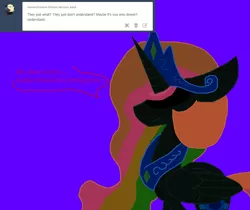 Size: 1036x870 | Tagged: safe, artist:eeveeglaceon, derpibooru import, princess celestia, alicorn, pony, tumblr:the sun has inverted, ask, betrayed, blue background, blue sun, civil war, color change, correstia, corrupted, corrupted celestia, corruptia, darkened coat, divided equestria, eyes closed, female, indigo background, invert princess celestia, inverted, inverted colors, inverted princess celestia, multicolored hair, possessed, possesstia, purple background, rainbow hair, sad, sadness, sidemouth, simple background, solo, tumblr, violet background, word balloon, word bubble, you don't understand