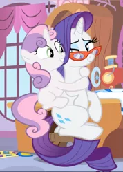 Size: 669x940 | Tagged: safe, derpibooru import, screencap, rarity, sweetie belle, pony, unicorn, for whom the sweetie belle toils, blank flank, cropped, female, filly, glasses, hug, lidded eyes, looking at each other, looking back, mare, siblings, sisters, sitting, smiling