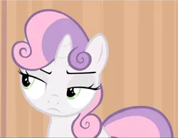 Size: 1210x940 | Tagged: safe, derpibooru import, screencap, sweetie belle, pony, unicorn, for whom the sweetie belle toils, cropped, female, filly, lidded eyes, solo, sweetie belle is not amused, unamused