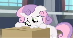 Size: 1612x843 | Tagged: safe, derpibooru import, screencap, sweetie belle, pony, unicorn, for whom the sweetie belle toils, box, cardboard box, cropped, female, filly, floppy ears, foal, leaning, regret, sad, solo, teeth