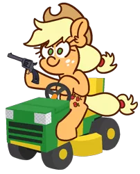 Size: 850x1050 | Tagged: safe, artist:threetwotwo32232, derpibooru import, applejack, earth pony, pony, cowboy hat, female, gun, handgun, hat, hoof hold, lawn mower, mare, revolver, simple background, solo, transparent background, weapon