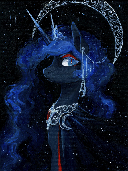 Size: 1288x1720 | Tagged: safe, artist:koviry, derpibooru import, princess luna, alicorn, pony, bust, cape, clothes, eyeliner, female, hair ornament, looking at you, makeup, mare, peytral, portrait, profile, slit eyes, slit pupils, solo, traditional art