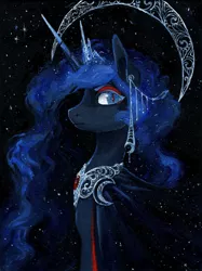 Size: 1288x1720 | Tagged: safe, artist:koviry, derpibooru import, princess luna, alicorn, pony, bust, cape, clothes, eyeliner, female, hair ornament, looking at you, makeup, mare, peytral, portrait, profile, slit eyes, slit pupils, solo, traditional art