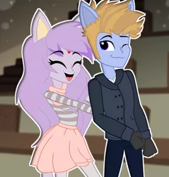 Size: 441x461 | Tagged: safe, artist:galacticflashd, derpibooru import, oc, oc:catty blaze, oc:hiro streik, equestria girls, clothes, couple, cute, female, male, oc x oc, shipping, skirt, smiling, straight