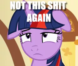 Size: 1489x1252 | Tagged: safe, derpibooru import, edit, edited edit, edited screencap, screencap, twilight sparkle, twilight sparkle (alicorn), alicorn, pony, a flurry of emotions, annoyed, brutalight sparcake, caption, female, floppy ears, image macro, not this shit again, solo, text, vulgar