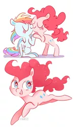 Size: 500x845 | Tagged: safe, artist:pinkablue, derpibooru import, pinkie pie, rainbow dash, earth pony, pegasus, pony, bipedal, bipedal leaning, blushing, female, kissing, leaning, lesbian, mare, pinkiedash, shipping, signature, simple background, starry eyes, white background, wingding eyes