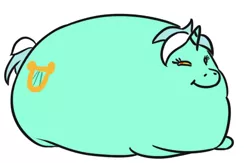 Size: 465x304 | Tagged: safe, artist:jargon scott, derpibooru import, lyra heartstrings, pony, unicorn, absolute unit, blob, colored sclera, disguised discord, fat, female, lidded eyes, looking at you, mare, morbidly obese, obese, ponyloaf, prone, simple background, smiling, smirk, smug, solo, wat, white background