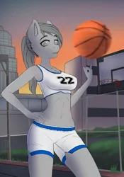 Size: 3500x5000 | Tagged: advertisement, anthro, artist:mintjuice, ball, basketball, basketball hoop, belly button, breasts, building, clothes, commission, derpibooru import, evening, female, grass, looking at you, mare, midriff, road, smiling, space jam, sports, sports bra, sporty style, street, suggestive, your character here